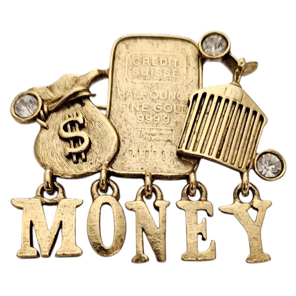 Gold Tone MONEY Charm Dangle Brooch Bank Bag Faux Gold Bar Pin L967